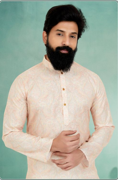 Picture of Exquisite Mono Fabric with Digital Print & Sequence Work Papaya Whip Kurta Pajama