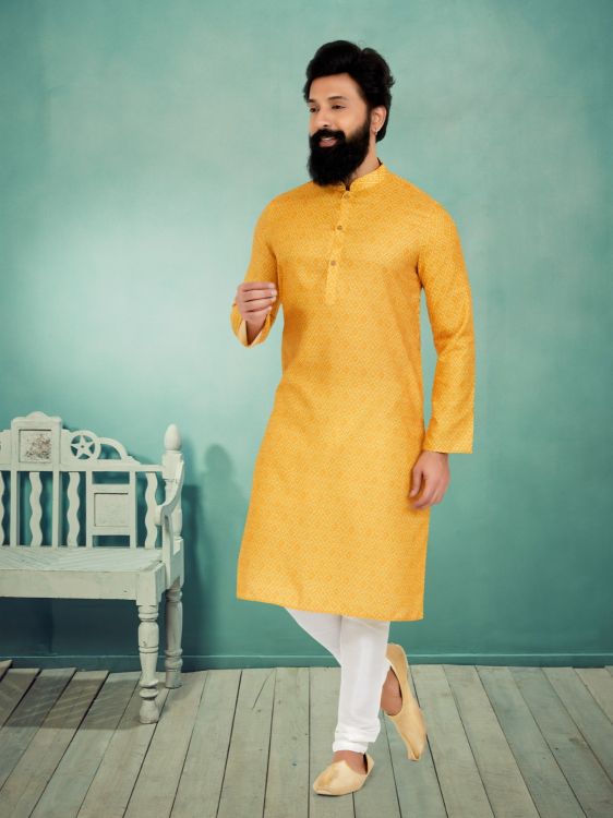 Picture of Pleasing Cotton Yellow Kurta Pajama