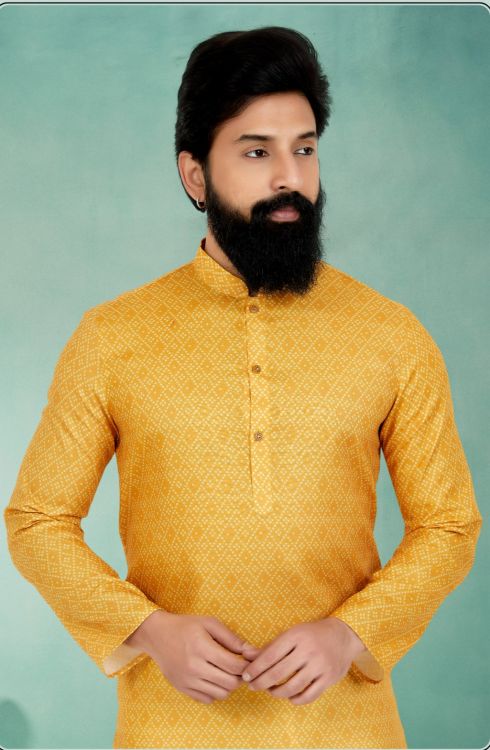 Picture of Pleasing Cotton Yellow Kurta Pajama
