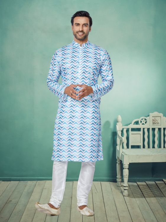 Picture of Alluring Cotton Sky Blue Kurta Pajama