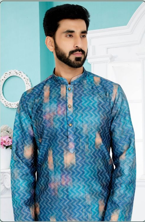 Picture of Beauteous Mono Fabric with Digital Print & Sequence Work Blue Kurta Pajama