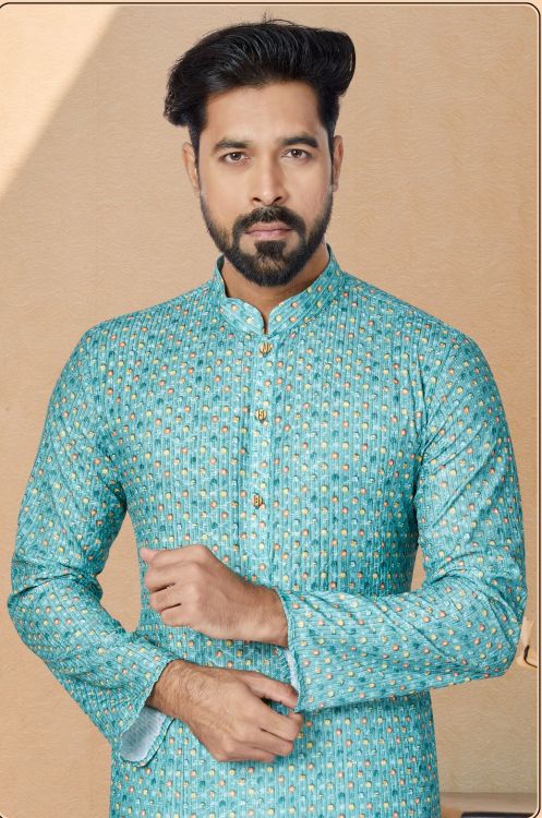 Picture of Bewitching Mono Fabric with Digital Print & Sequence Work Light Sky Blue Kurta Pajama