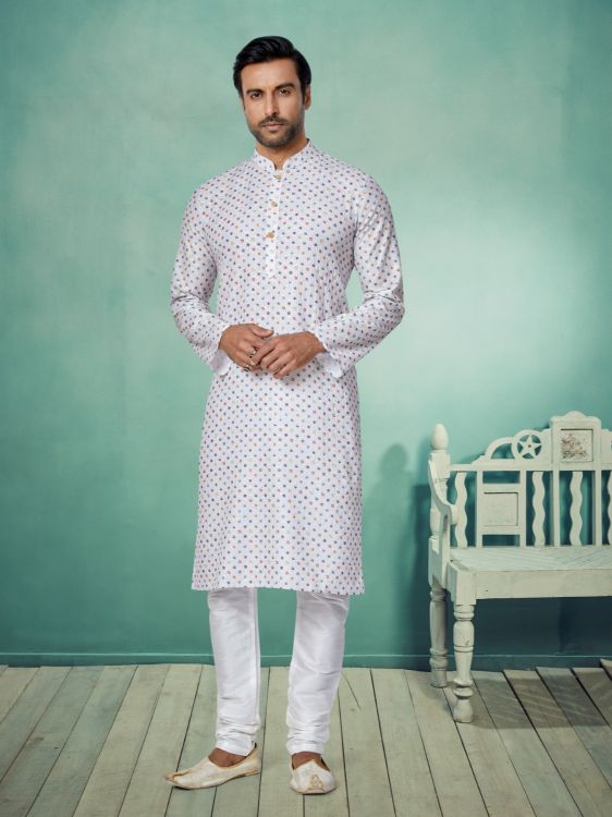 Picture of Splendid Mono Fabric with Digital Print & Sequence Work White Kurta Pajama