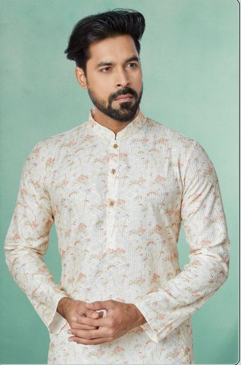 Picture of Pleasing Mono Fabric with Digital Print & Sequence Work White Kurta Pajama