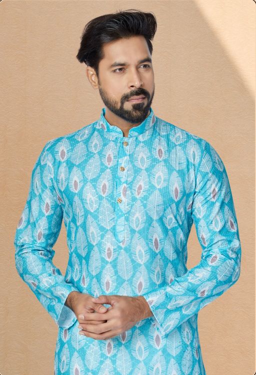 Picture of Well Formed Mono Fabric with Digital Print & Sequence Work Sky Blue Kurta Pajama