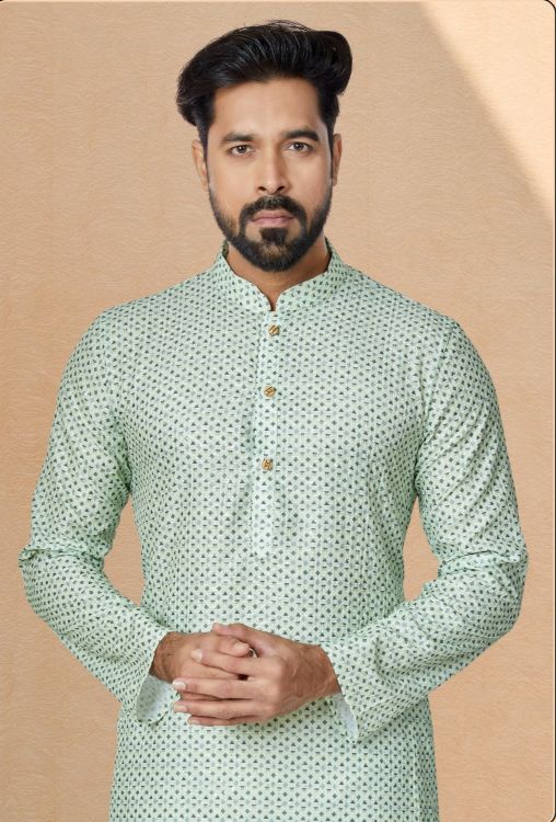 Picture of Excellent Mono Fabric with Digital Print & Sequence Work Light Green Kurta Pajama