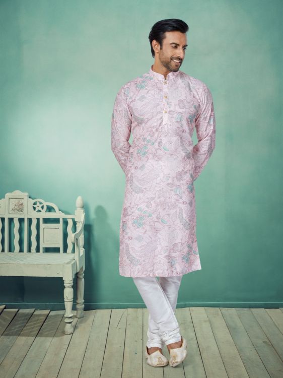 Picture of Classy Mono Fabric with Digital Print & Sequence Work Light Pink Kurta Pajama