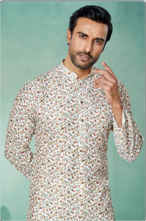 Picture of Ideal Mono Fabric with Digital Print & Sequence Work Off White Kurta Pajama