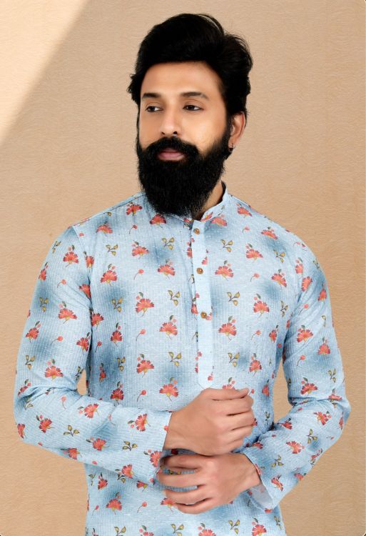 Picture of Wonderful Cotton Sky Blue Kurta Pajama