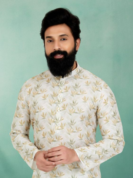 Picture of Amazing Mono Fabric with Digital Print & Sequence Work White Kurta Pajama