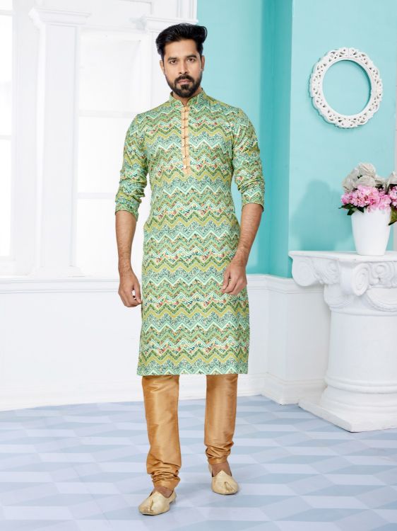 Picture of Fascinating Mono Fabric with Digital Print & Sequence Work Multi Kurta Pajama