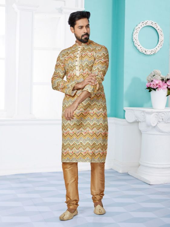 Picture of Nice Mono Fabric with Digital Print & Sequence Work Multi Kurta Pajama