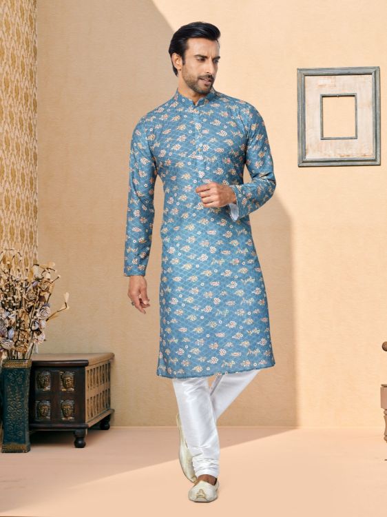 Picture of Superb Mono Fabric with Digital Print & Sequence Work Blue Kurta Pajama
