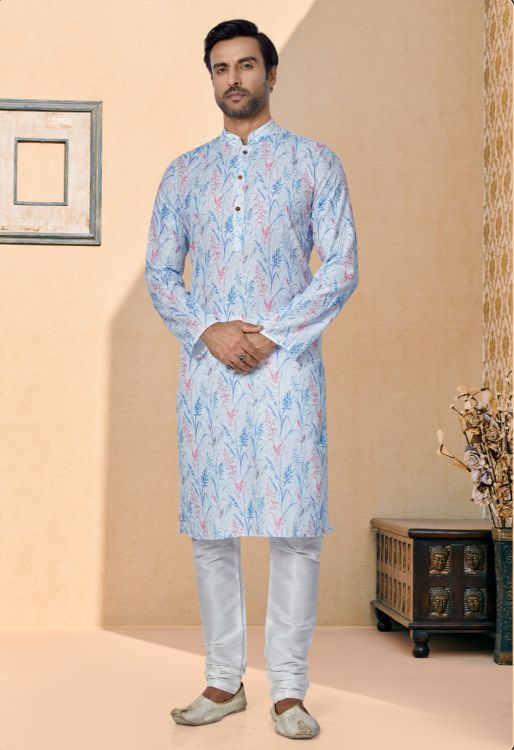 Picture of Excellent Mono Fabric with Digital Print & Sequence Work Sky Blue Kurta Pajama