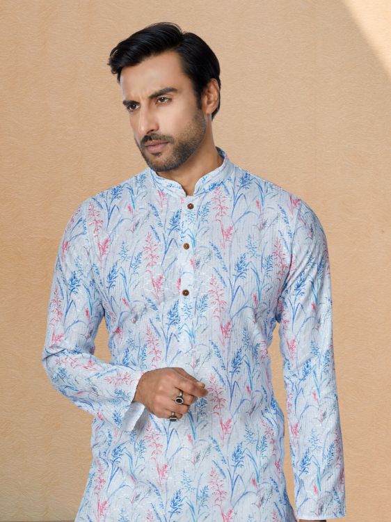 Picture of Excellent Mono Fabric with Digital Print & Sequence Work Sky Blue Kurta Pajama