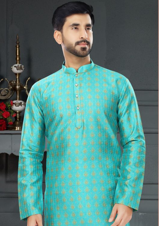 Picture of Appealing Silk Blue Kurta Pajama