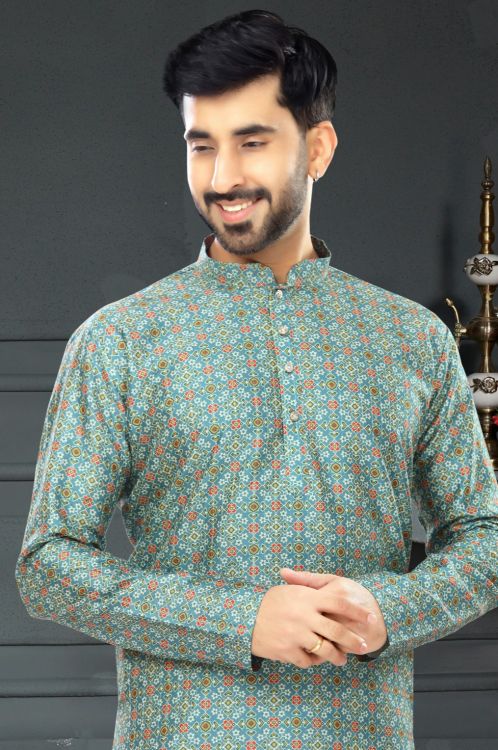 Picture of Sightly Silk Turquoise Kurta Pajama