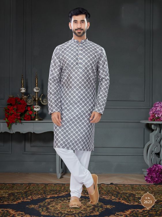Picture of Alluring Silk White Kurta Pajama
