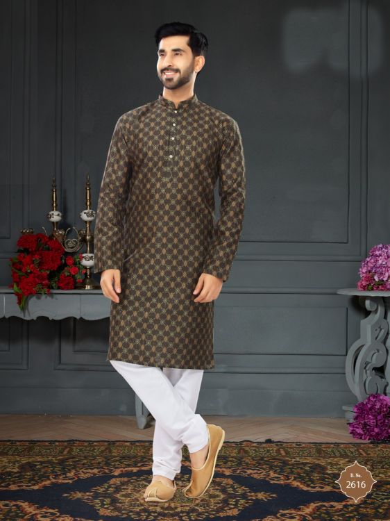 Picture of Lovely Silk Saddle Brown Kurta Pajama