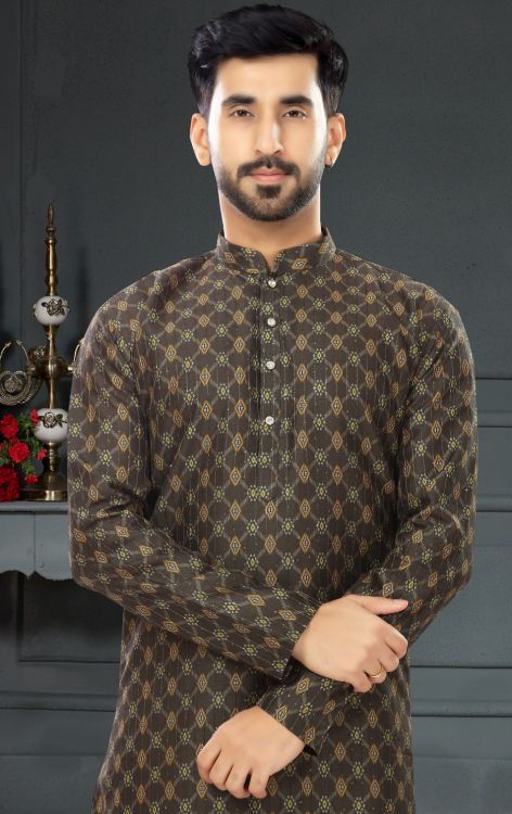 Picture of Lovely Silk Saddle Brown Kurta Pajama