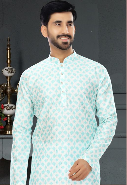Picture of Well Formed Silk Light Sky Blue Kurta Pajama