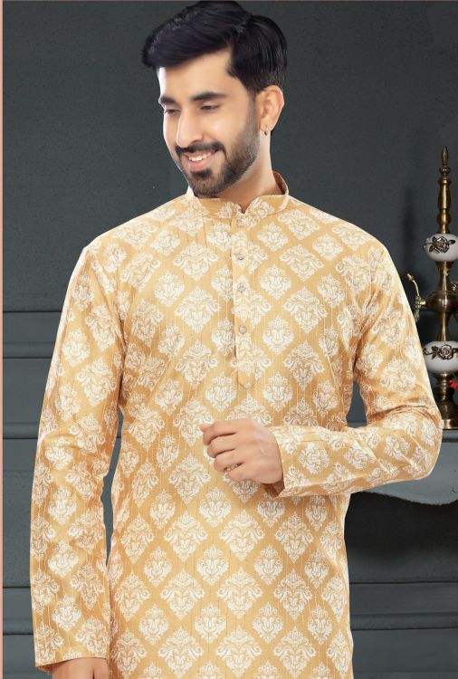 Picture of Shapely Silk Gold Orange Kurta Pajama