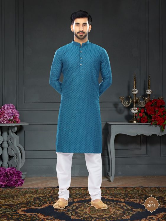Picture of Nice Cotton Jacquard Teal Kurta Pajama