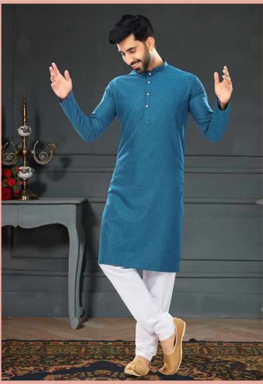 Picture of Nice Cotton Jacquard Teal Kurta Pajama