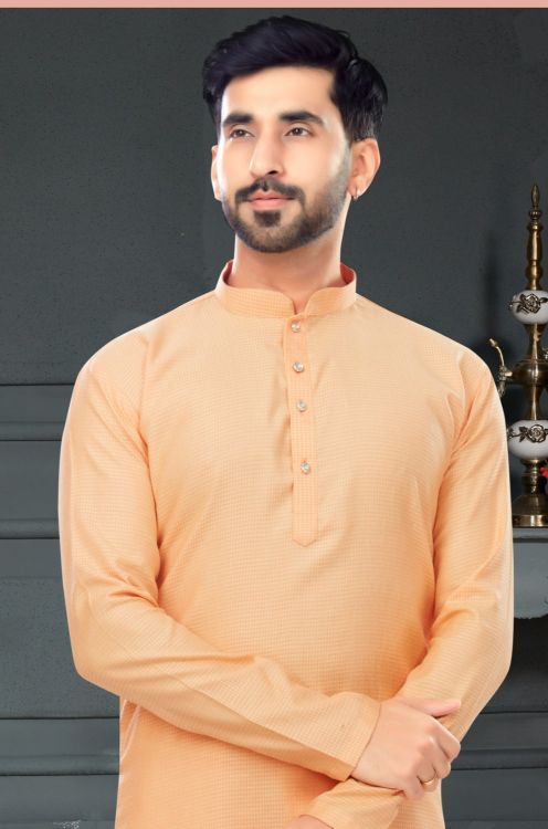 Picture of Gorgeous Cotton Jacquard Peach Puff Kurta Pajama