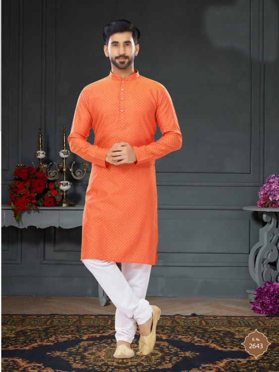 Picture of Exquisite Cotton Jacquard Orange Kurta Pajama