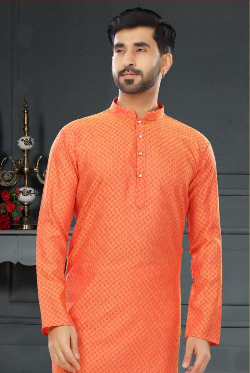 Picture of Exquisite Cotton Jacquard Orange Kurta Pajama