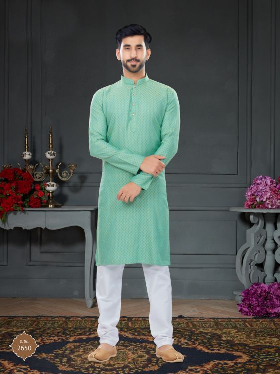 Picture of Wonderful Cotton Jacquard Medium Spring Green Kurta Pajama