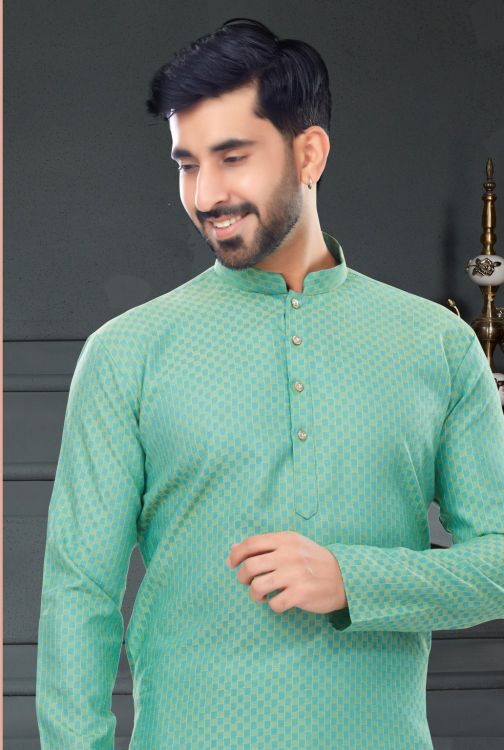Picture of Wonderful Cotton Jacquard Medium Spring Green Kurta Pajama