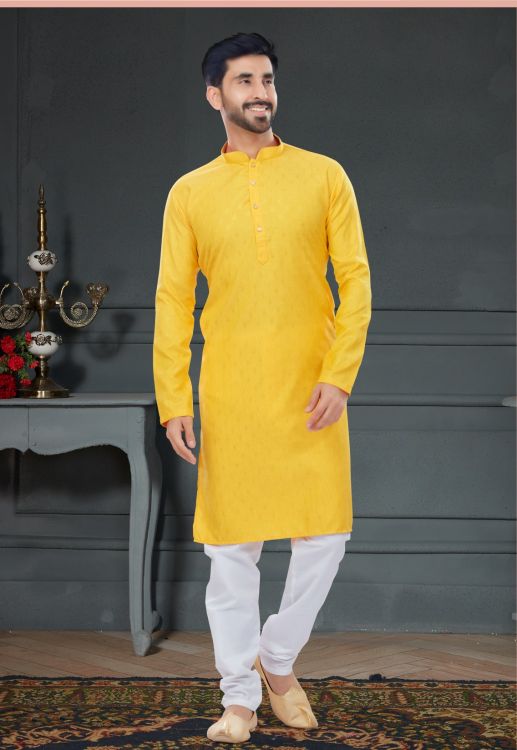 Picture of Comely Cotton Jacquard Yellow Kurta Pajama