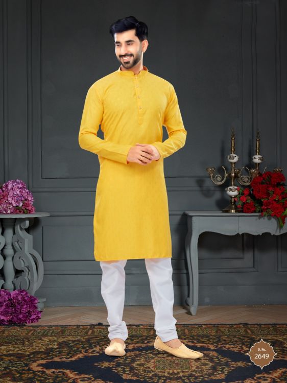 Picture of Comely Cotton Jacquard Yellow Kurta Pajama