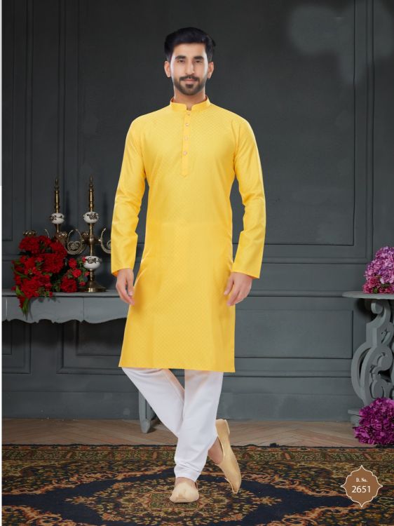 Picture of Well Formed Cotton Jacquard Yellow Kurta Pajama