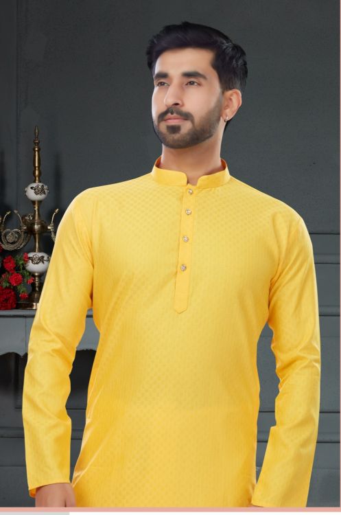 Picture of Well Formed Cotton Jacquard Yellow Kurta Pajama