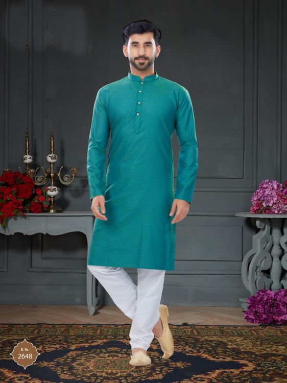 Picture of Pleasing Cotton Jacquard Teal Kurta Pajama