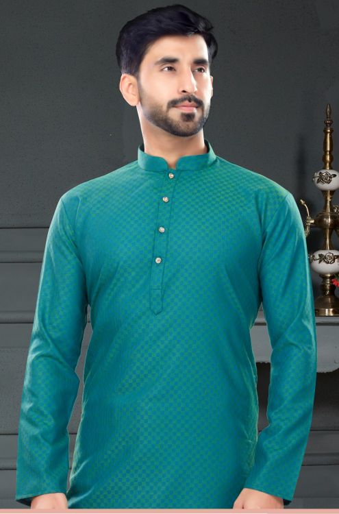 Picture of Pleasing Cotton Jacquard Teal Kurta Pajama