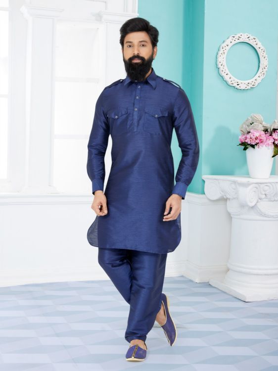 Picture of Sublime Banarasi Dhupion Silk Navy Blue Kurta Pajama