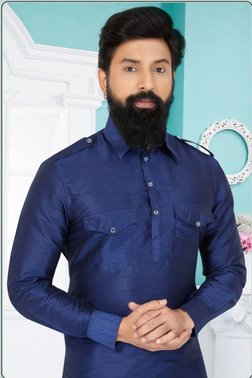 Picture of Sublime Banarasi Dhupion Silk Navy Blue Kurta Pajama