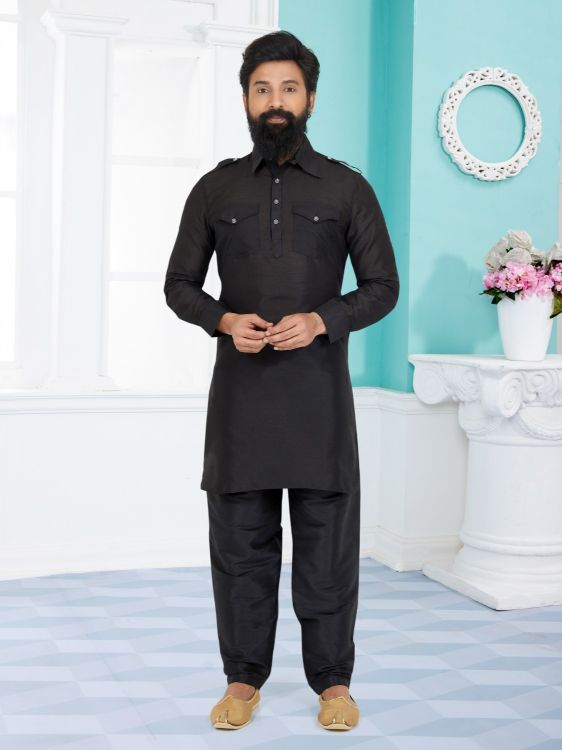 Picture of Appealing Banarasi Dhupion Silk Black Kurta Pajama
