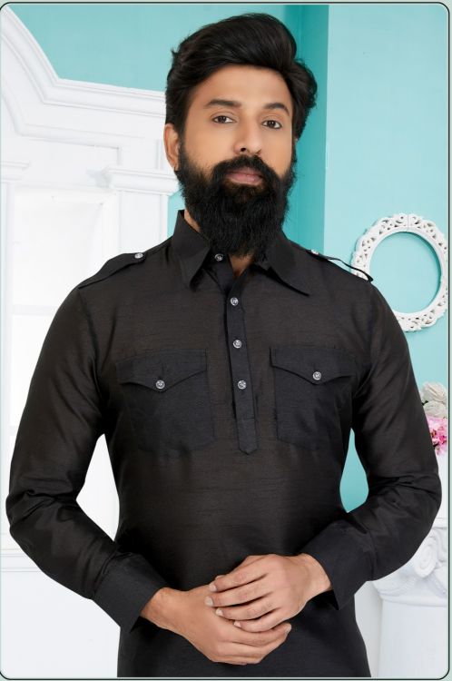 Picture of Appealing Banarasi Dhupion Silk Black Kurta Pajama