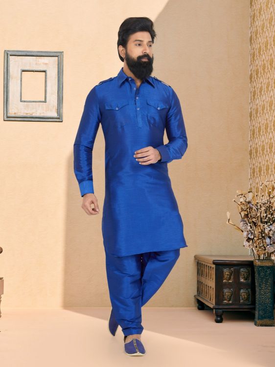 Picture of Ideal Banarasi Dhupion Silk Blue Kurta Pajama