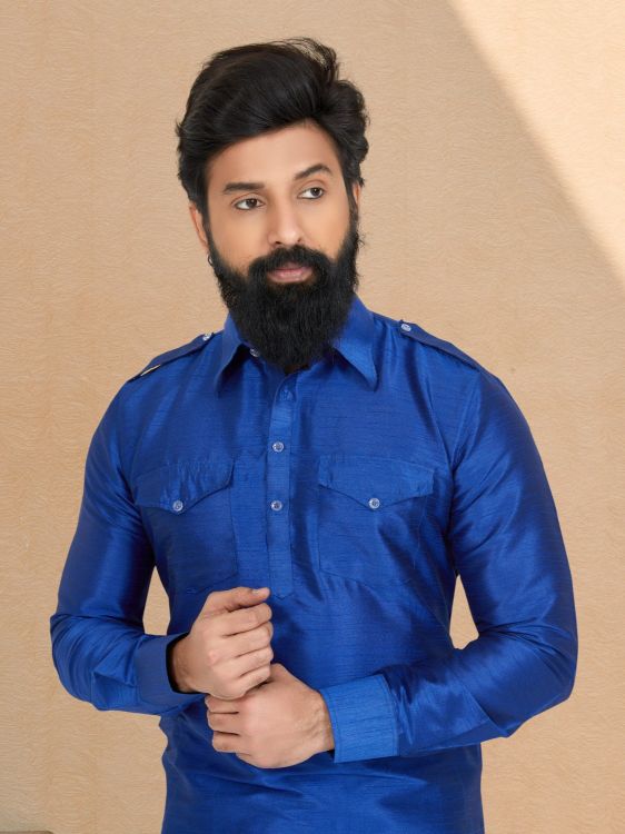 Picture of Ideal Banarasi Dhupion Silk Blue Kurta Pajama