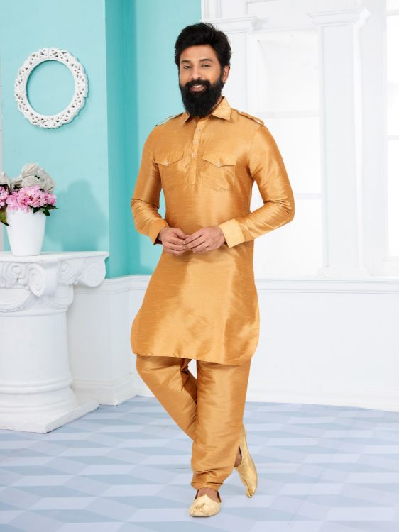Picture of Superb Banarasi Dhupion Silk Golden Rod Kurta Pajama