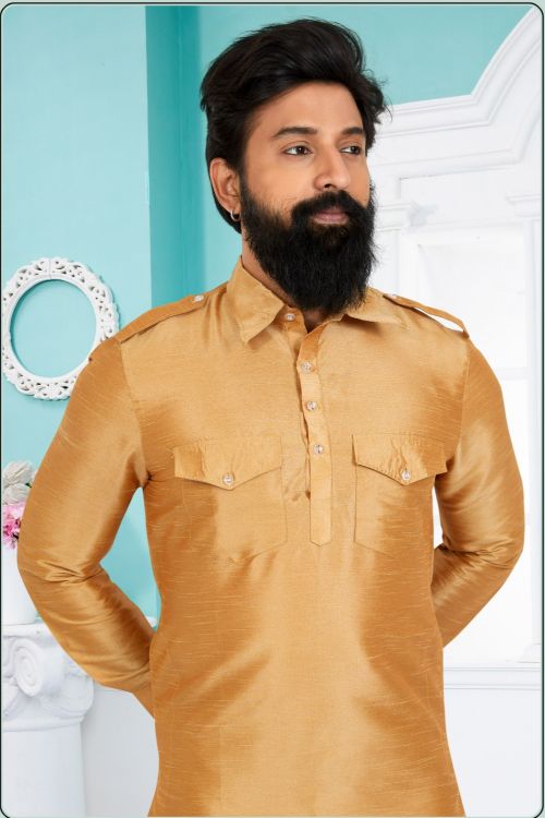 Picture of Superb Banarasi Dhupion Silk Golden Rod Kurta Pajama