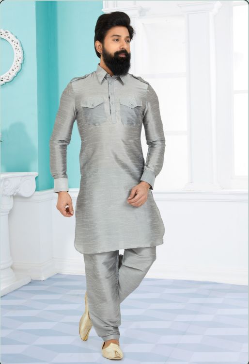 Picture of Superb Banarasi Dhupion Silk Grey Kurta Pajama