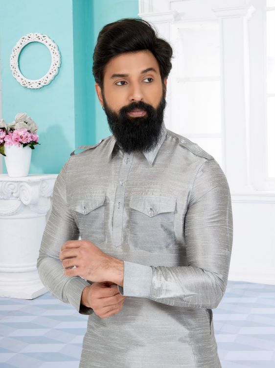 Picture of Superb Banarasi Dhupion Silk Grey Kurta Pajama