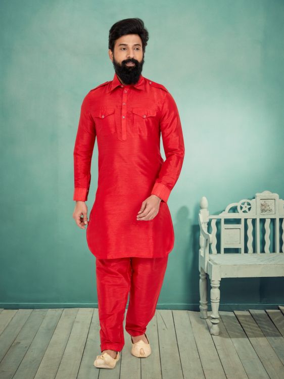 Picture of Fine Banarasi Dhupion Silk Red Kurta Pajama